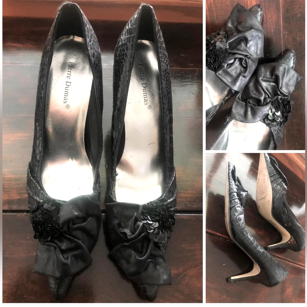 3/$25 Pierre Dumas 9, Vintage Black Sequinned & Bows Heels